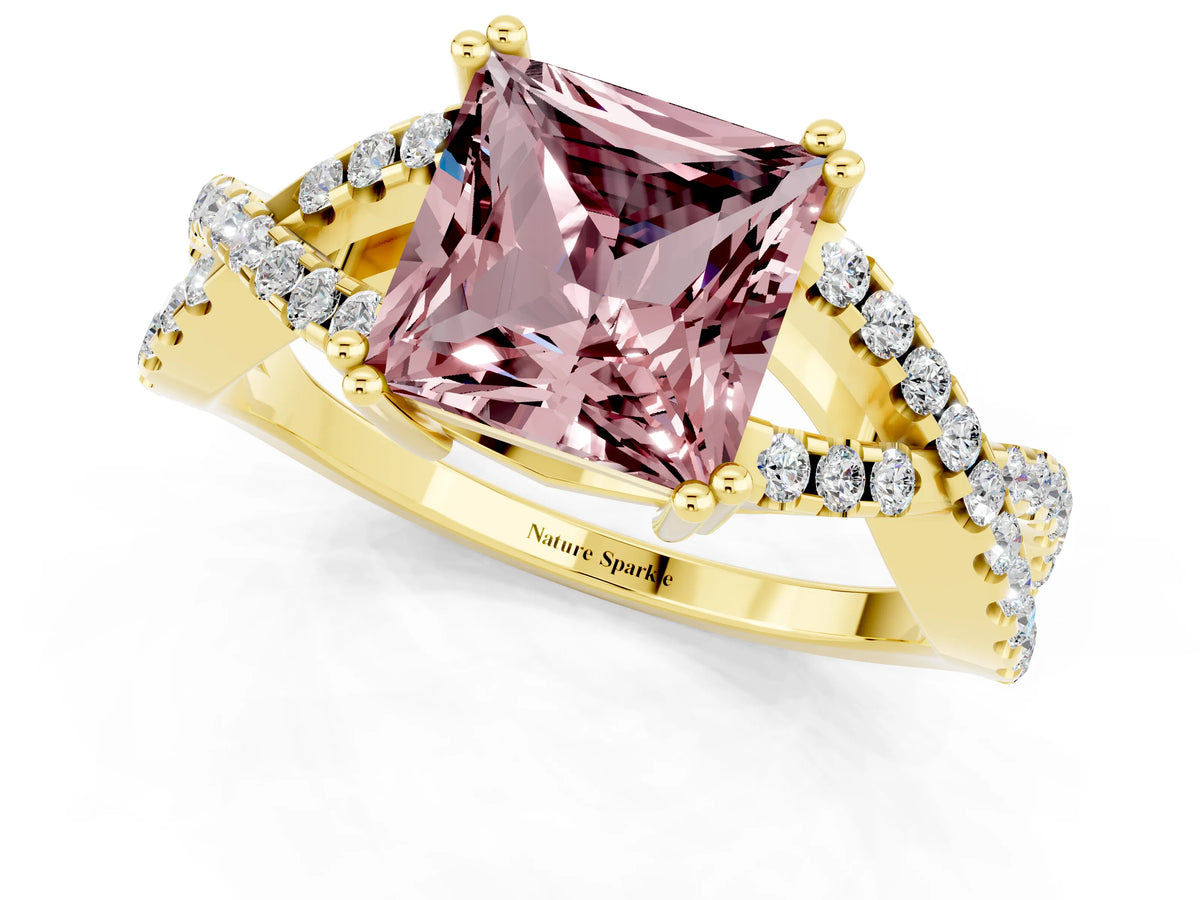 Princess Cut Morganite Solitaire Ring in Yellow gold with Interwoven Pavé Band and Prong Setting_1