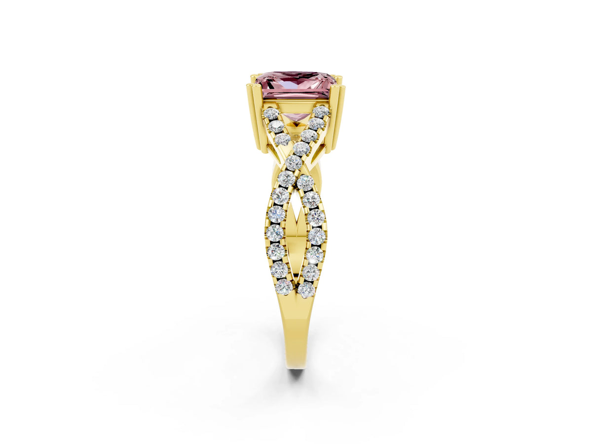 Princess Cut Morganite Solitaire Ring in Yellow gold with Interwoven Pavé Band and Prong Setting_2
