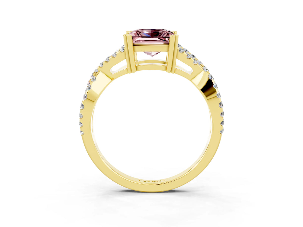 Princess Cut Morganite Solitaire Ring in Yellow gold with Interwoven Pavé Band and Prong Setting_3