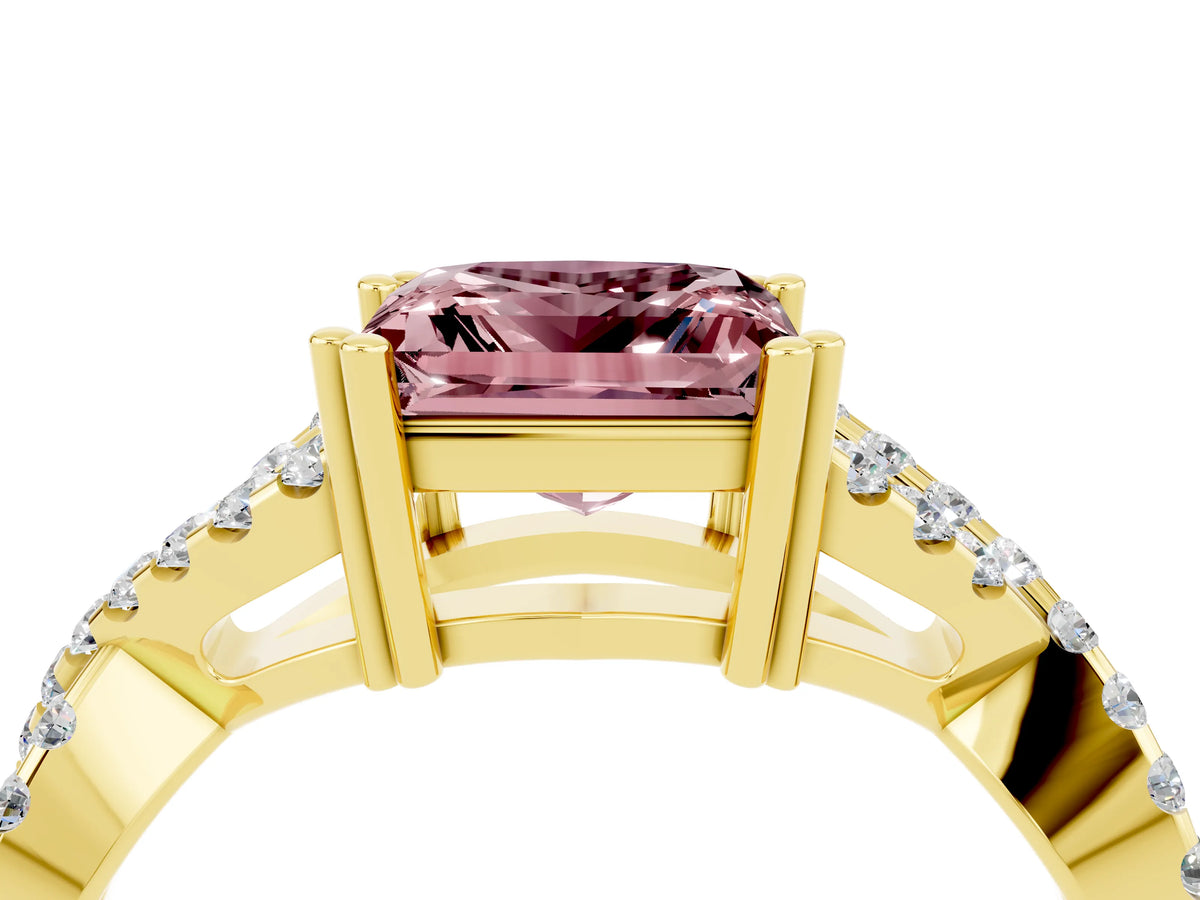 Princess Cut Morganite Solitaire Ring in Yellow gold with Interwoven Pavé Band and Prong Setting_4