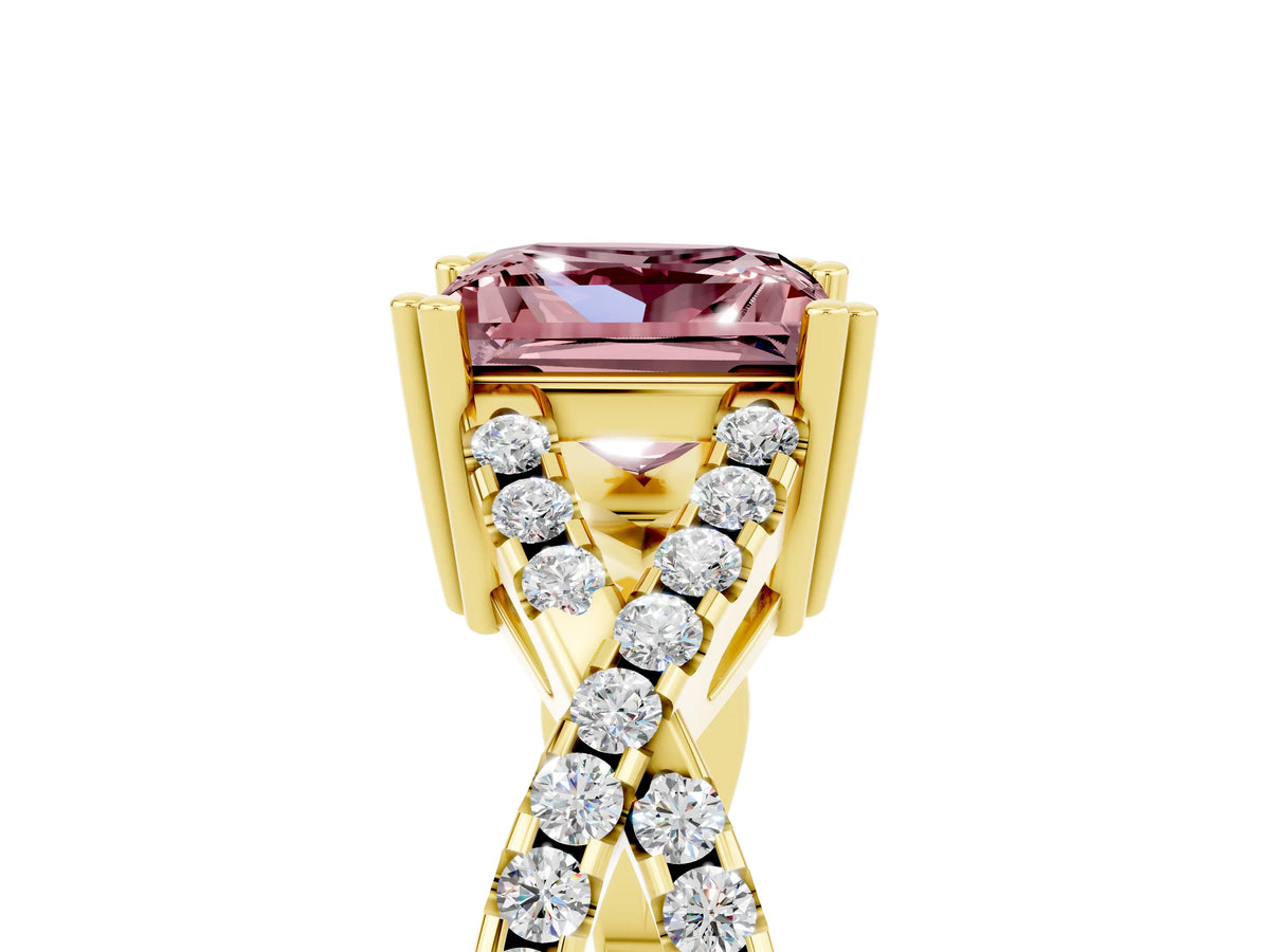 Princess Cut Morganite Solitaire Ring in Yellow gold with Interwoven Pavé Band and Prong Setting_5