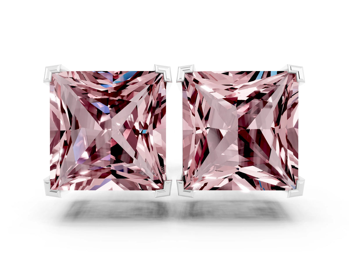 Princess Cut Morganite Stud Earrings in White gold with Basket Setting