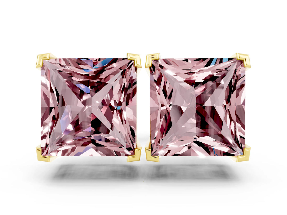 Princess Cut Morganite Stud Earrings in Yellow gold with Basket Setting