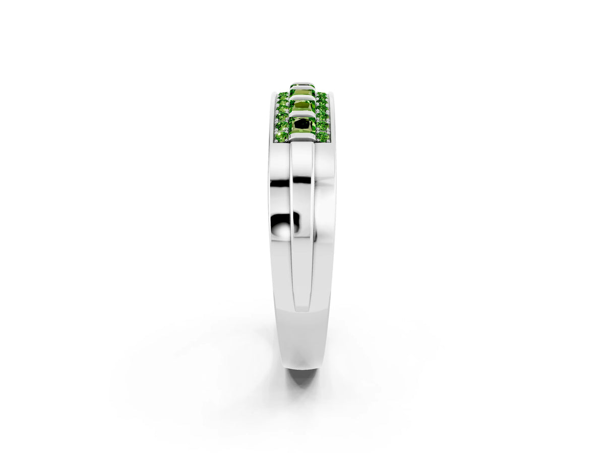Princess Cut Peridot Bar-Set Pavé Band in Platinum with Grooved Edge Detailing_2