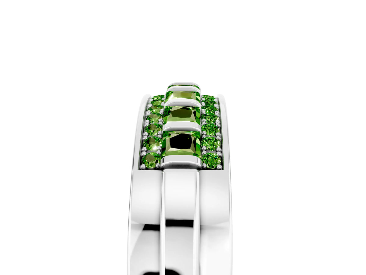 Princess Cut Peridot Bar-Set Pavé Band in Platinum with Grooved Edge Detailing_5