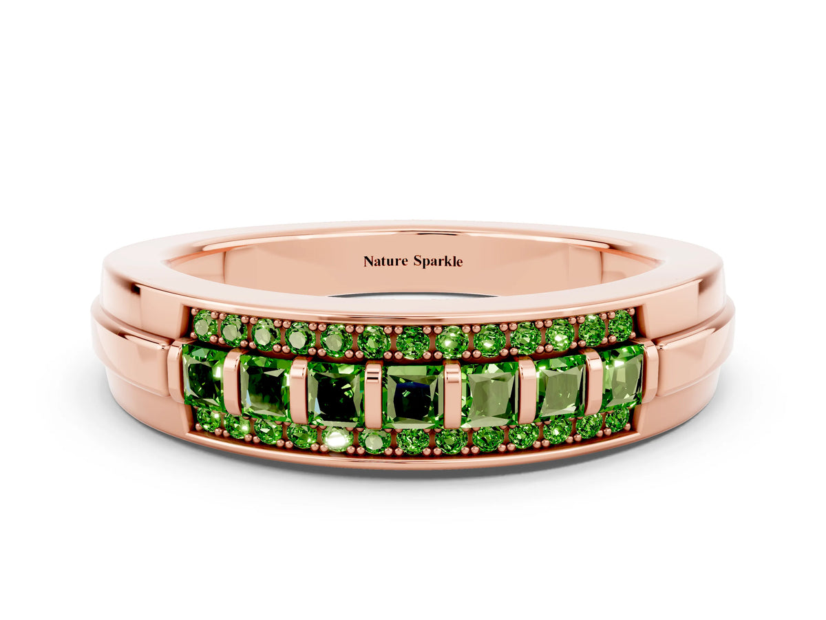 Princess Cut Peridot Bar-Set Pavé Band in Rose gold with Grooved Edge Detailing