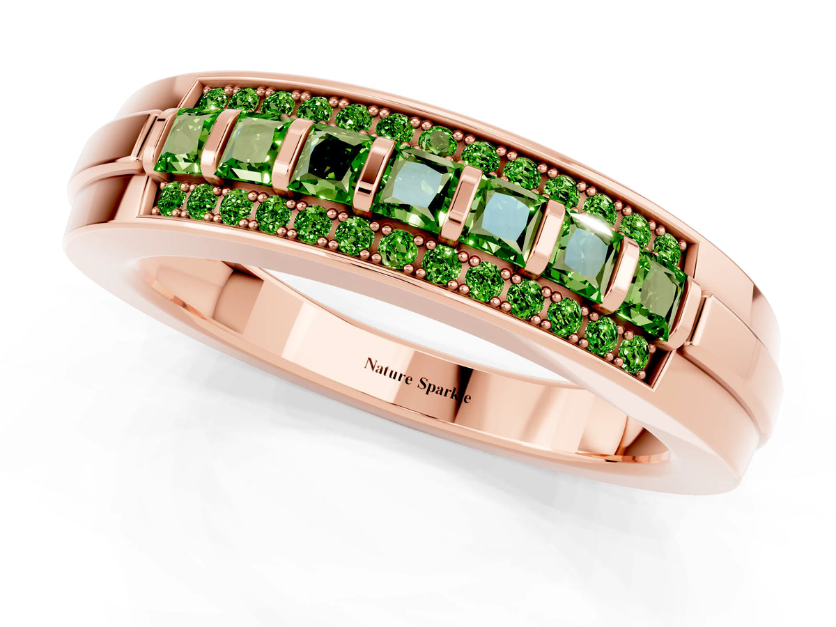 Princess Cut Peridot Bar-Set Pavé Band in Rose gold with Grooved Edge Detailing_1