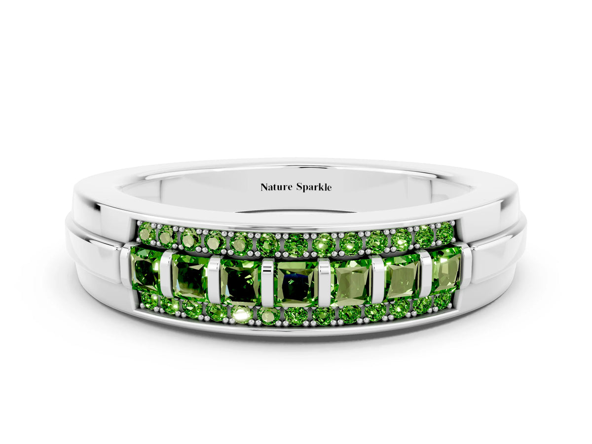 Princess Cut Peridot Bar-Set Pavé Band in White gold with Grooved Edge Detailing