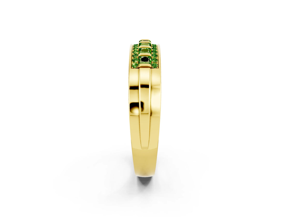 Princess Cut Peridot Bar-Set Pavé Band in Yellow gold with Grooved Edge Detailing_2