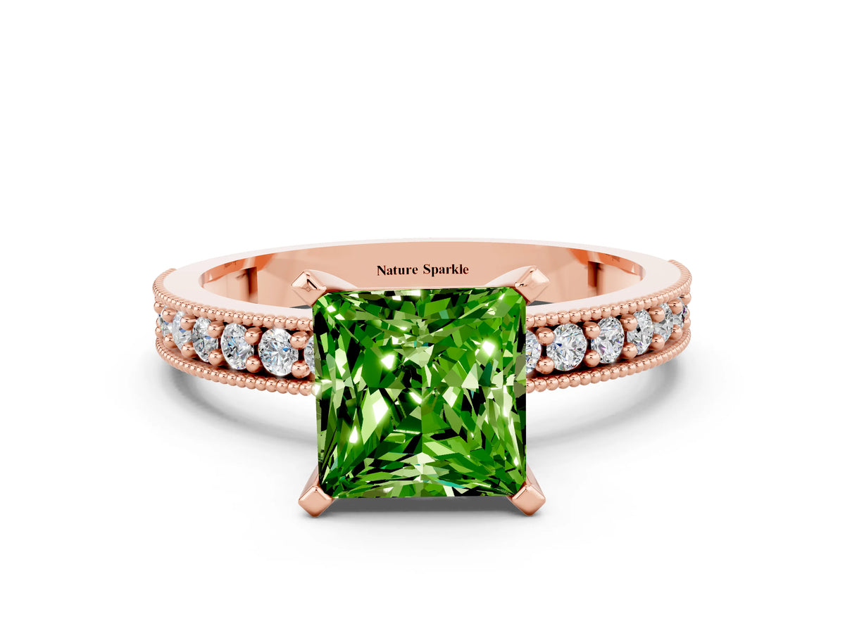 Princess Cut Peridot Milgrain Pavé Engagement Ring in Rose gold with Prong Setting