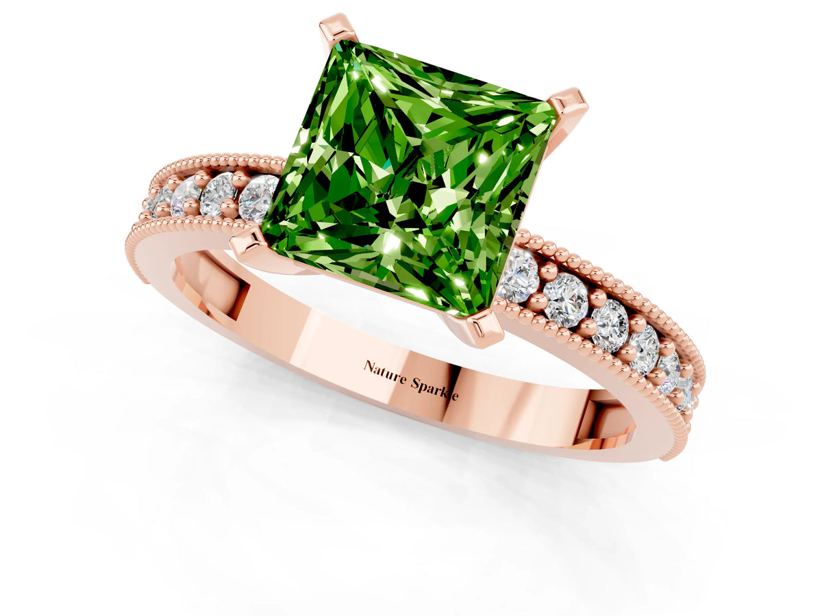 Princess Cut Peridot Milgrain Pavé Engagement Ring in Rose gold with Prong Setting_1