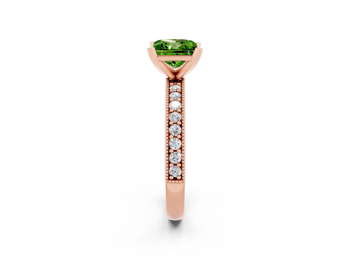 Princess Cut Peridot Milgrain Pavé Engagement Ring in Rose gold with Prong Setting_2
