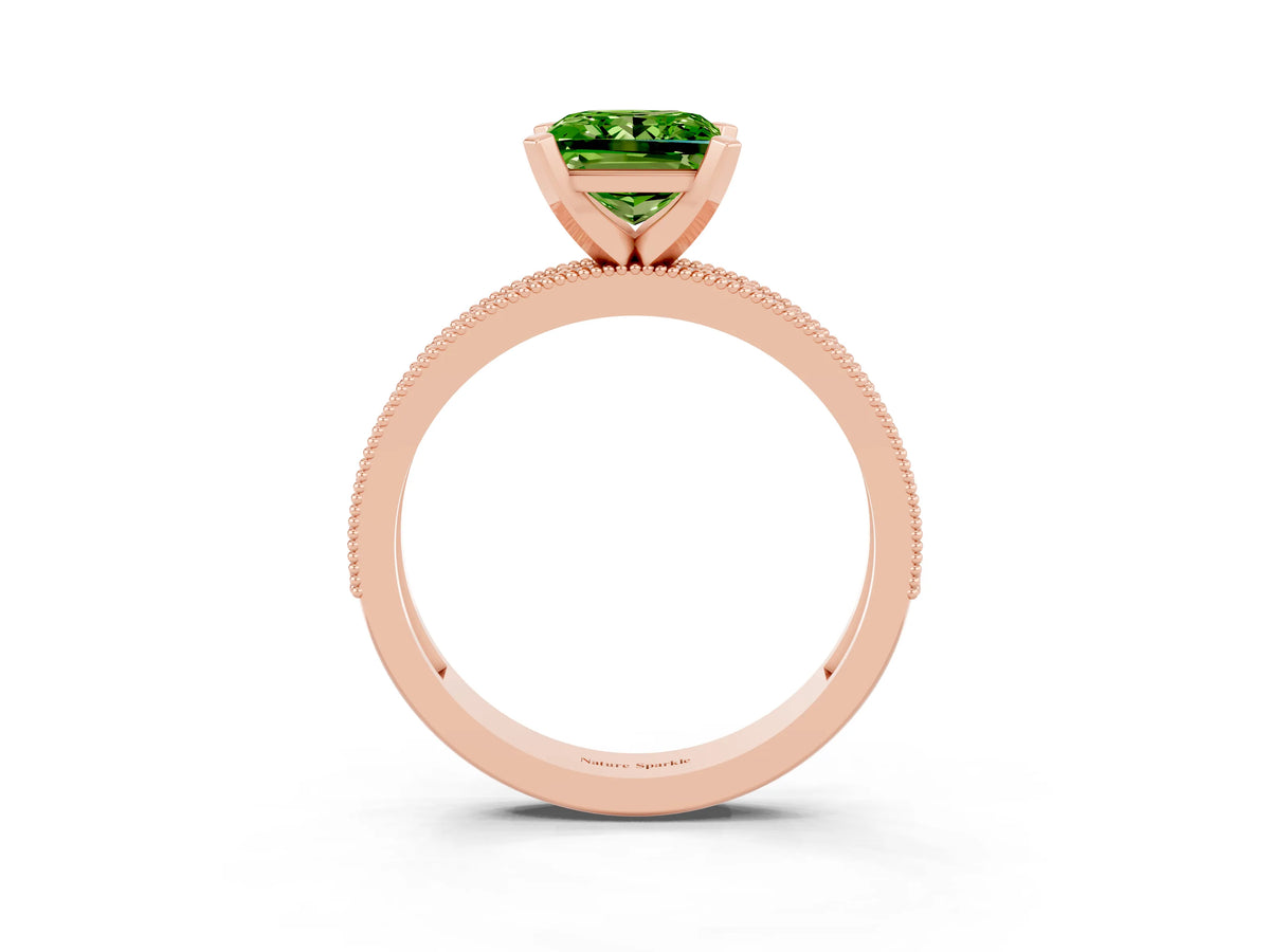Princess Cut Peridot Milgrain Pavé Engagement Ring in Rose gold with Prong Setting_3