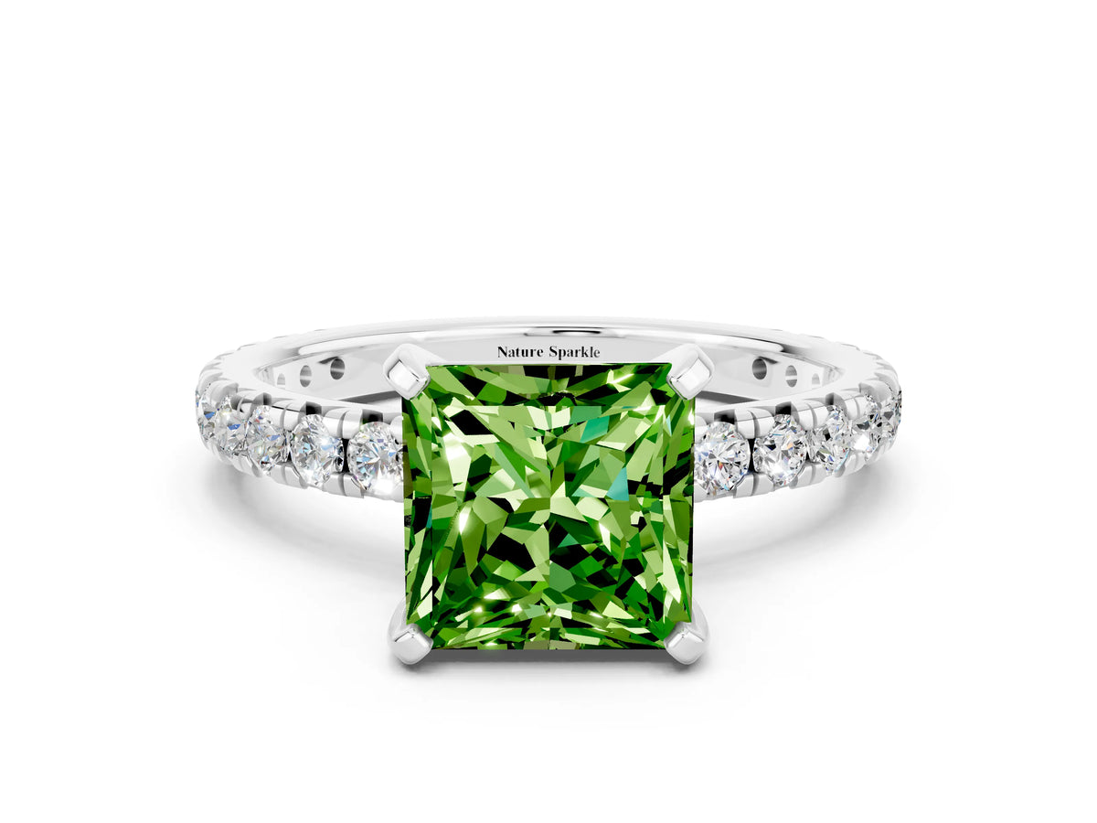 Princess Cut Peridot Pavé Solitaire Ring in White gold with Round Pavé Band and Prong Setting