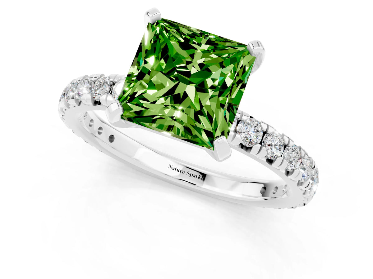Princess Cut Peridot Pavé Solitaire Ring in White gold with Round Pavé Band and Prong Setting_1
