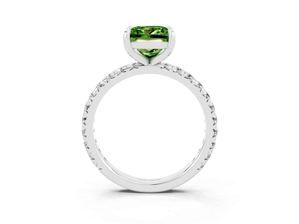 Princess Cut Peridot Pavé Solitaire Ring in White gold with Round Pavé Band and Prong Setting_3