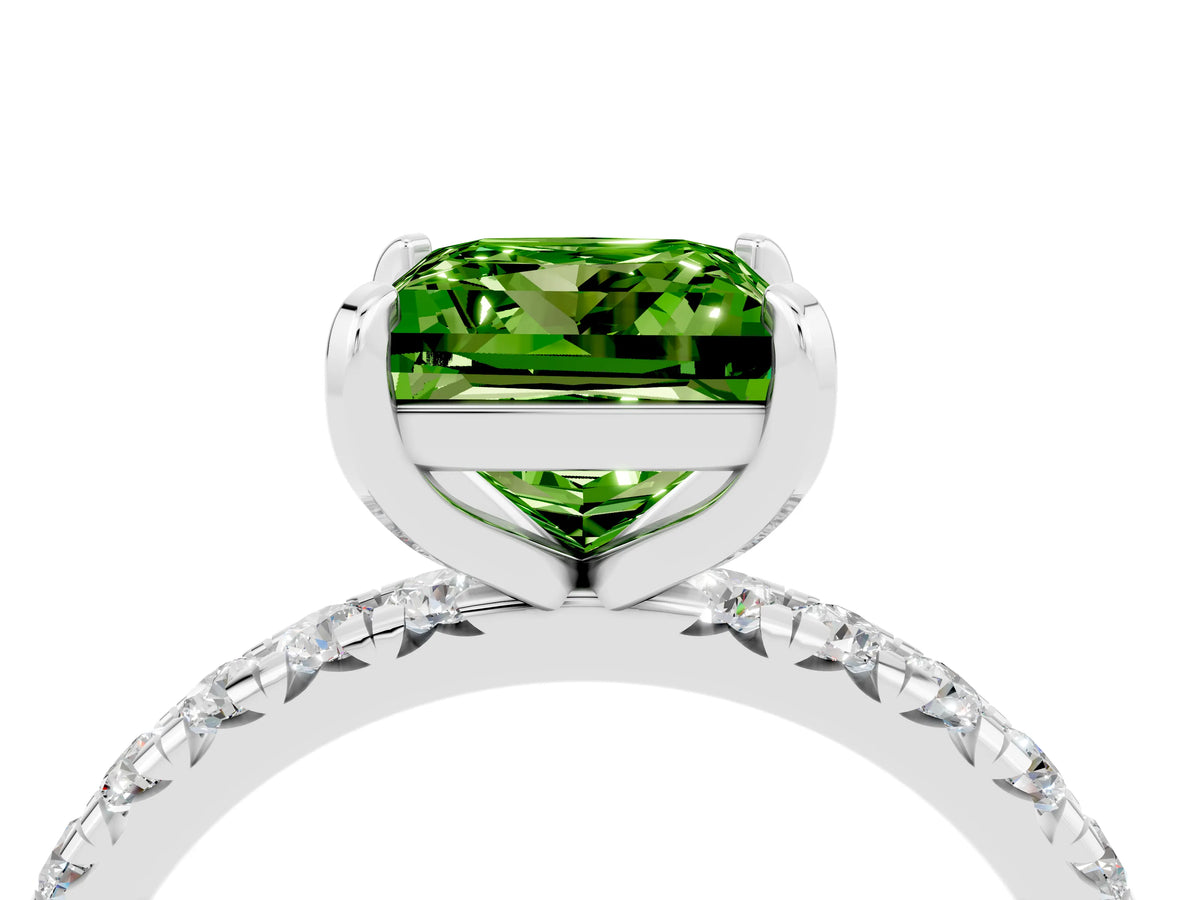 Princess Cut Peridot Pavé Solitaire Ring in White gold with Round Pavé Band and Prong Setting_4
