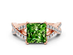 Princess Cut Peridot Solitaire Ring in Rose gold with Interwoven Pavé Band and Prong Setting