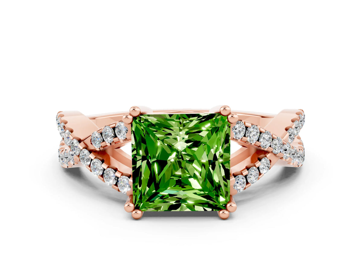 Princess Cut Peridot Solitaire Ring in Rose gold with Interwoven Pavé Band and Prong Setting