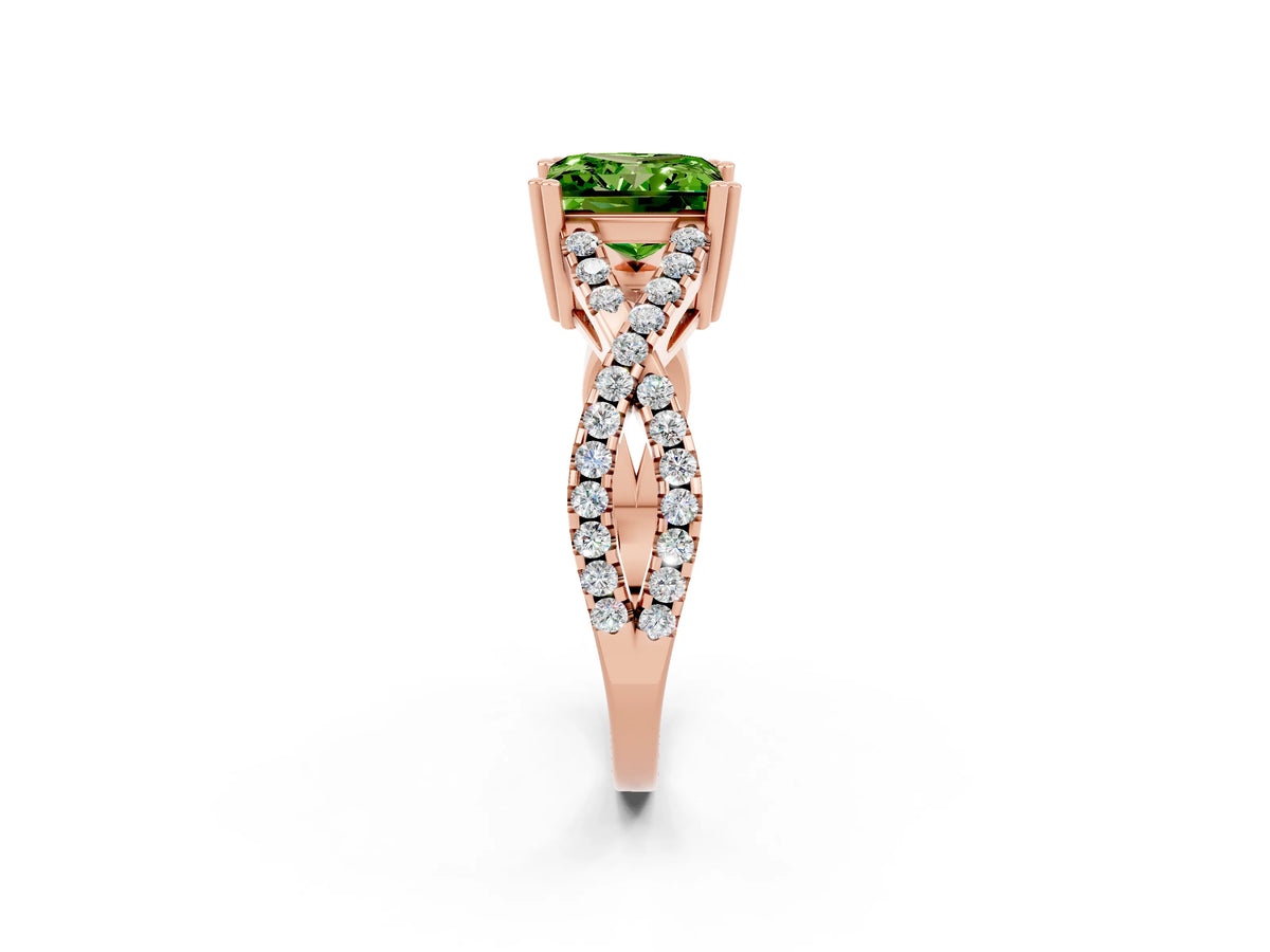 Princess Cut Peridot Solitaire Ring in Rose gold with Interwoven Pavé Band and Prong Setting_2