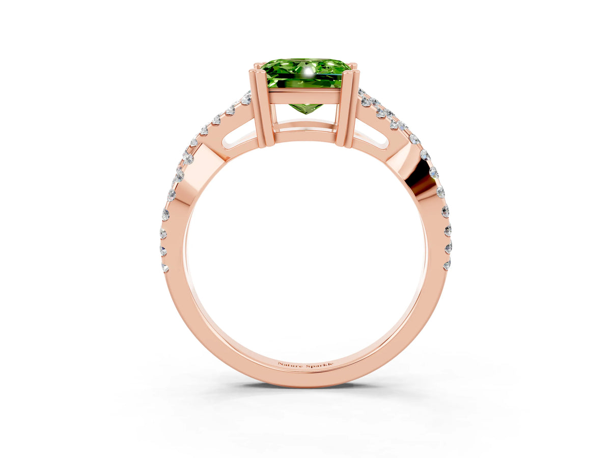 Princess Cut Peridot Solitaire Ring in Rose gold with Interwoven Pavé Band and Prong Setting_3