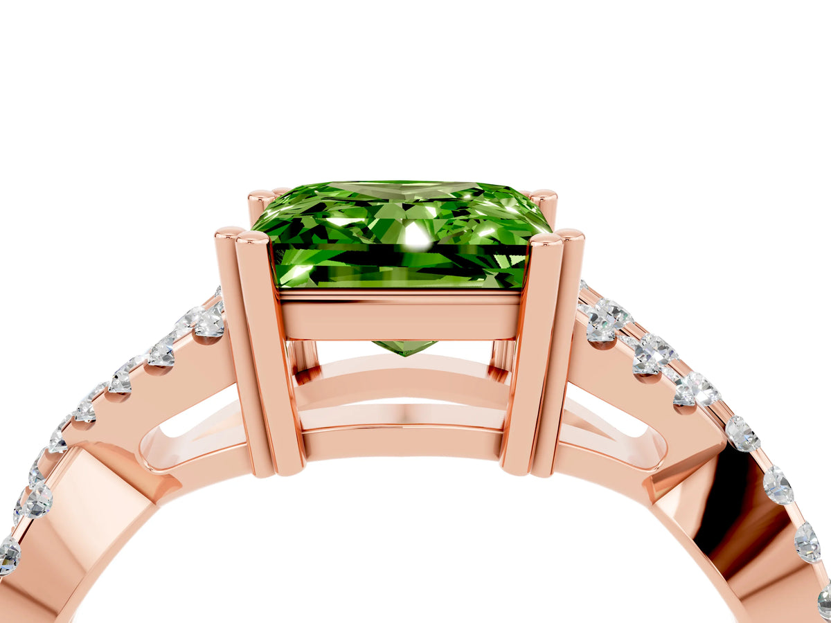 Princess Cut Peridot Solitaire Ring in Rose gold with Interwoven Pavé Band and Prong Setting_4