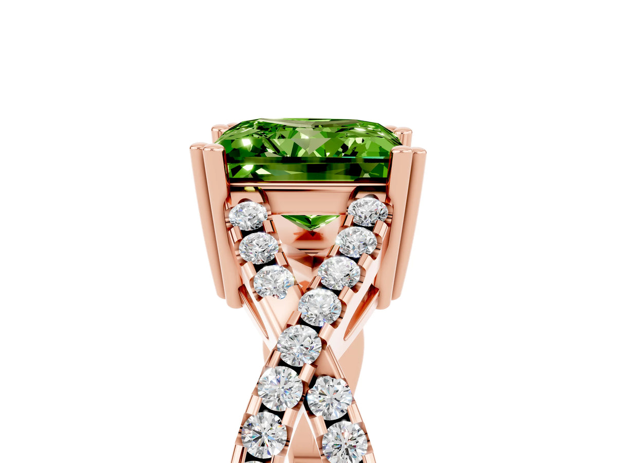 Princess Cut Peridot Solitaire Ring in Rose gold with Interwoven Pavé Band and Prong Setting_5