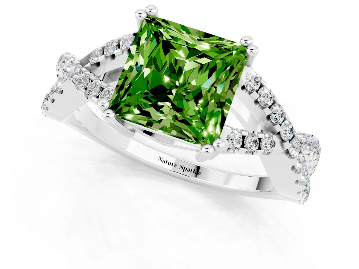 Princess Cut Peridot Solitaire Ring in White gold with Interwoven Pavé Band and Prong Setting_1