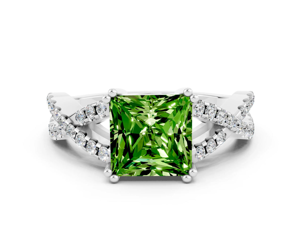 Princess Cut Peridot Solitaire Ring in White gold with Interwoven Pavé Band and Prong Setting