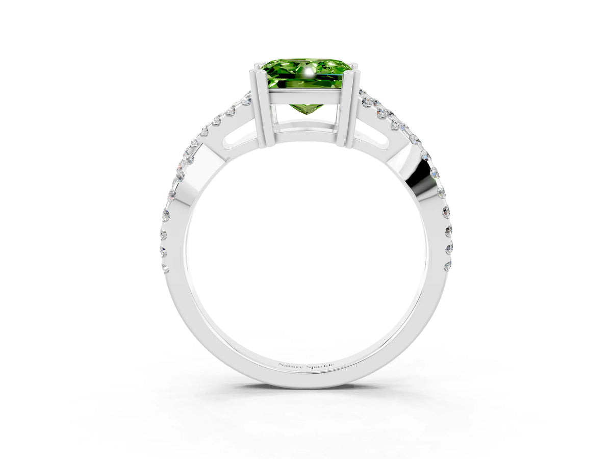 Princess Cut Peridot Solitaire Ring in White gold with Interwoven Pavé Band and Prong Setting_3