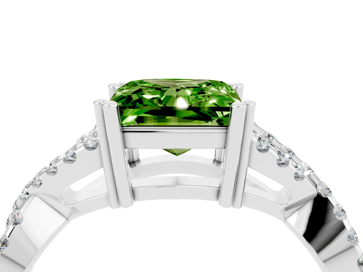 Princess Cut Peridot Solitaire Ring in White gold with Interwoven Pavé Band and Prong Setting_4