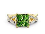 Princess Cut Peridot Solitaire Ring in Yellow gold with Interwoven Pavé Band and Prong Setting