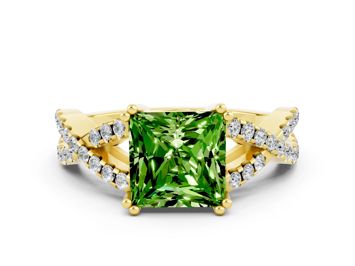 Princess Cut Peridot Solitaire Ring in Yellow gold with Interwoven Pavé Band and Prong Setting