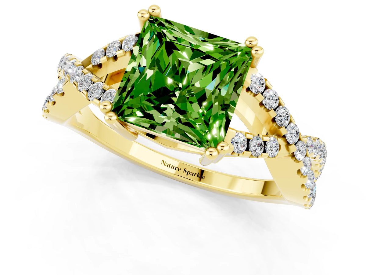Princess Cut Peridot Solitaire Ring in Yellow gold with Interwoven Pavé Band and Prong Setting_1