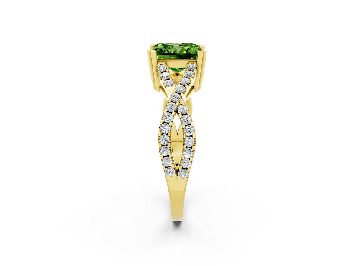 Princess Cut Peridot Solitaire Ring in Yellow gold with Interwoven Pavé Band and Prong Setting_2