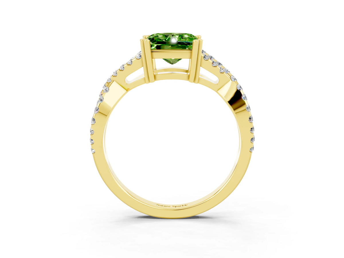 Princess Cut Peridot Solitaire Ring in Yellow gold with Interwoven Pavé Band and Prong Setting_3