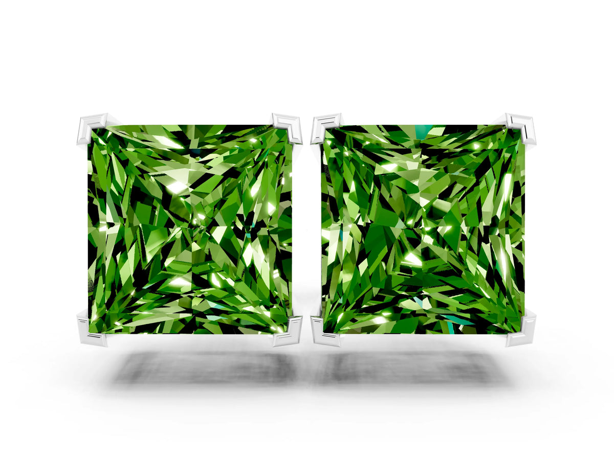 Princess Cut Peridot Stud Earrings in White gold with Basket Setting