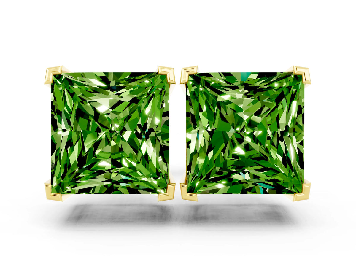 Princess Cut Peridot Stud Earrings in Yellow gold with Basket Setting