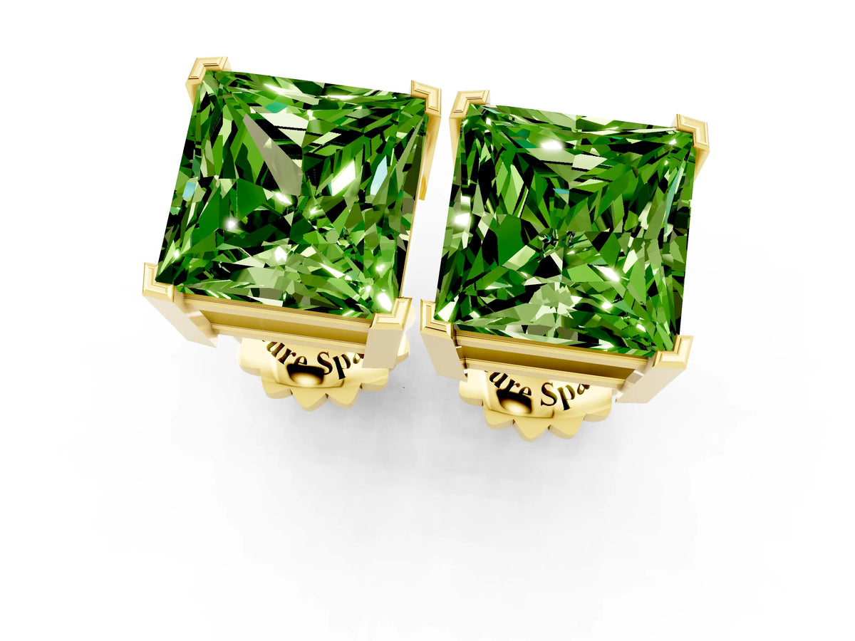 Princess Cut Peridot Stud Earrings in Yellow gold with Basket Setting_1