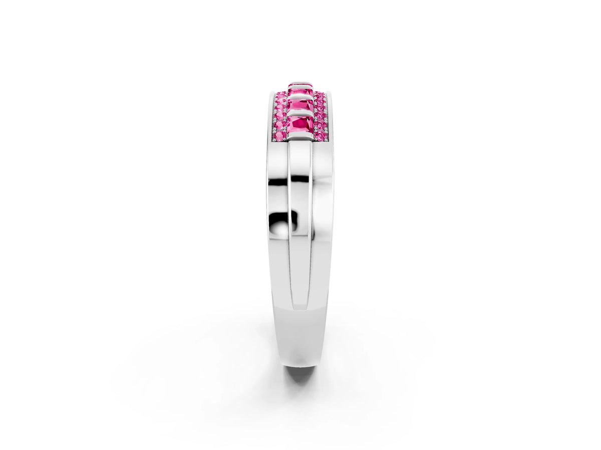 Princess Cut Pink Sapphire Bar-Set Pavé Band in Platinum with Grooved Edge Detailing_2