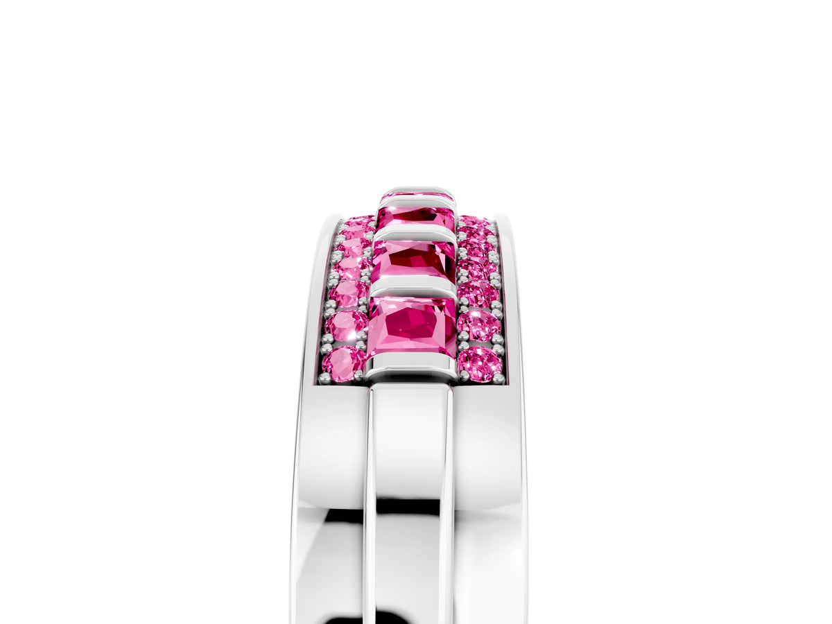 Princess Cut Pink Sapphire Bar-Set Pavé Band in Platinum with Grooved Edge Detailing_5