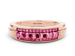 Princess Cut Pink Sapphire Bar-Set Pavé Band in Rose gold with Grooved Edge Detailing