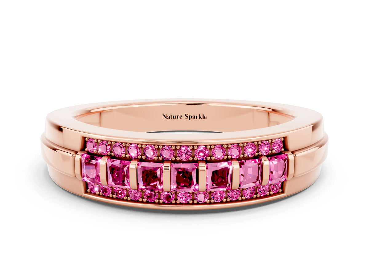 Princess Cut Pink Sapphire Bar-Set Pavé Band in Rose gold with Grooved Edge Detailing