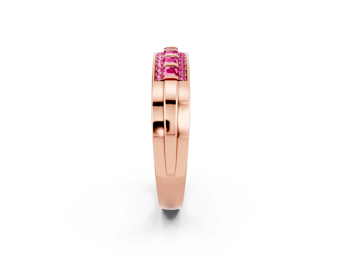 Princess Cut Pink Sapphire Bar-Set Pavé Band in Rose gold with Grooved Edge Detailing_2