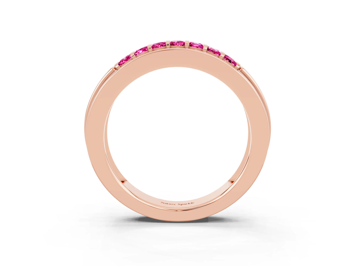 Princess Cut Pink Sapphire Bar-Set Pavé Band in Rose gold with Grooved Edge Detailing_3