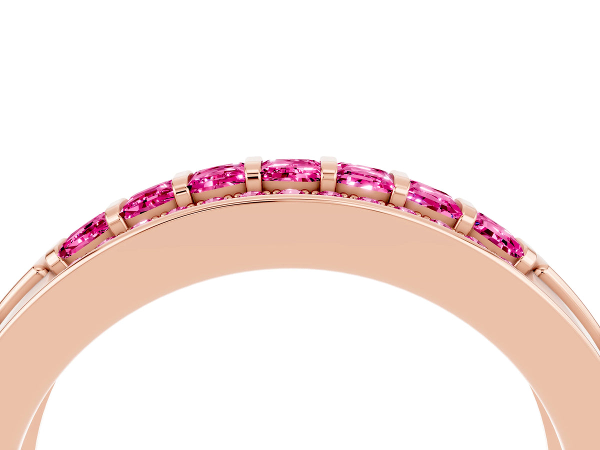 Princess Cut Pink Sapphire Bar-Set Pavé Band in Rose gold with Grooved Edge Detailing_4