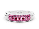 Princess Cut Pink Sapphire Bar-Set Pavé Band in White gold with Grooved Edge Detailing