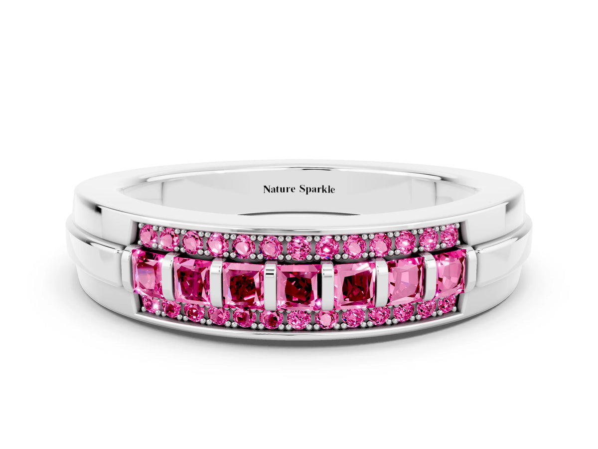Princess Cut Pink Sapphire Bar-Set Pavé Band in White gold with Grooved Edge Detailing