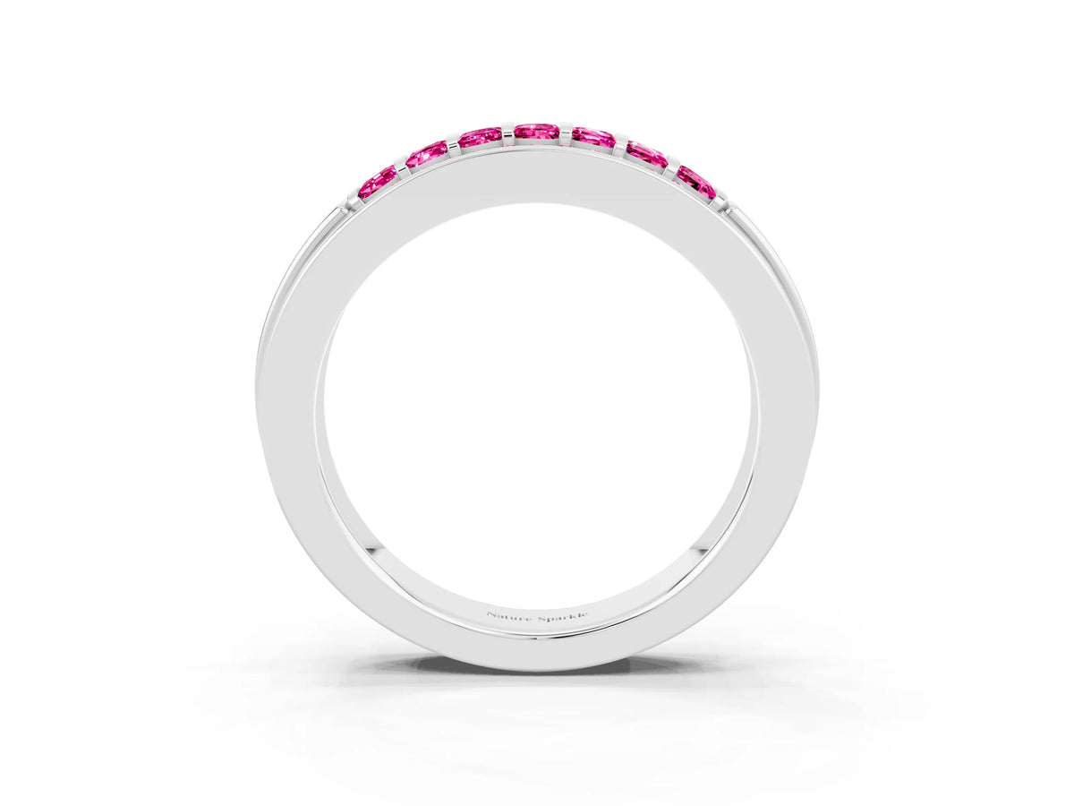 Princess Cut Pink Sapphire Bar-Set Pavé Band in White gold with Grooved Edge Detailing_3
