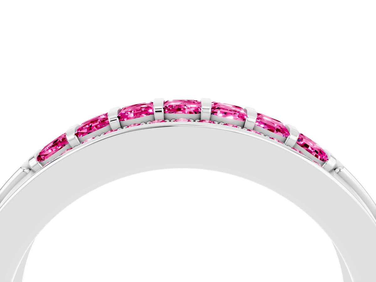 Princess Cut Pink Sapphire Bar-Set Pavé Band in White gold with Grooved Edge Detailing_4